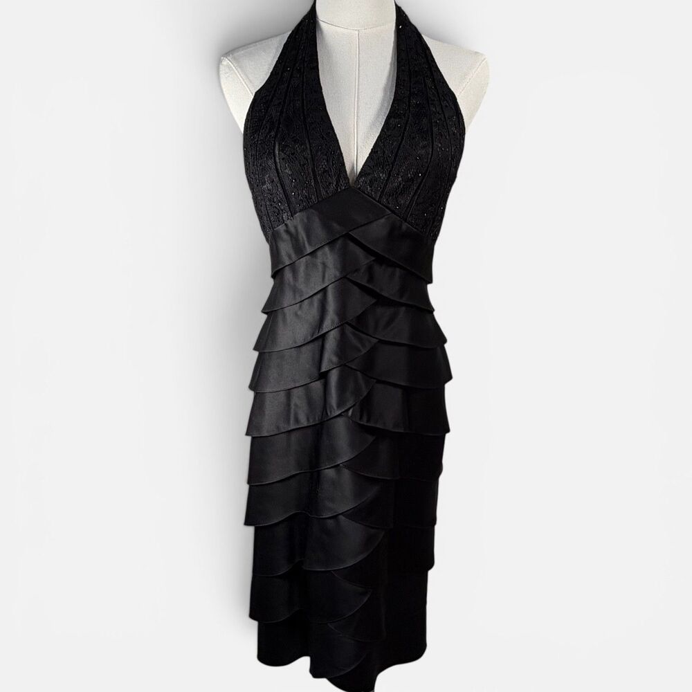 Adrianna Papell Boutique Black Halter Tiered Cocktail Dress Size 6